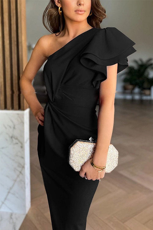Caz - Off-Shoulder Ruffle Sleeve Split Midi Dress