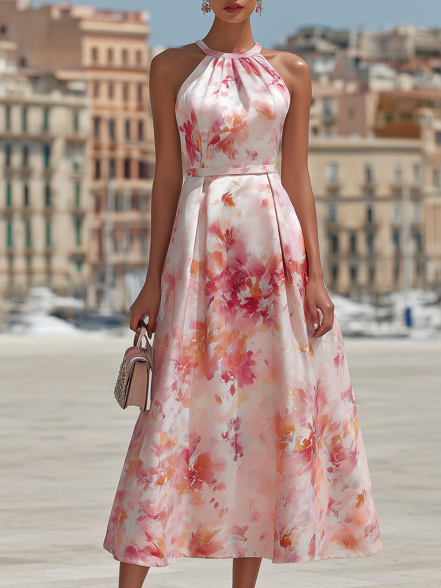 Violetta - Midi Dress with Halter in Watercolour Floral Pattern