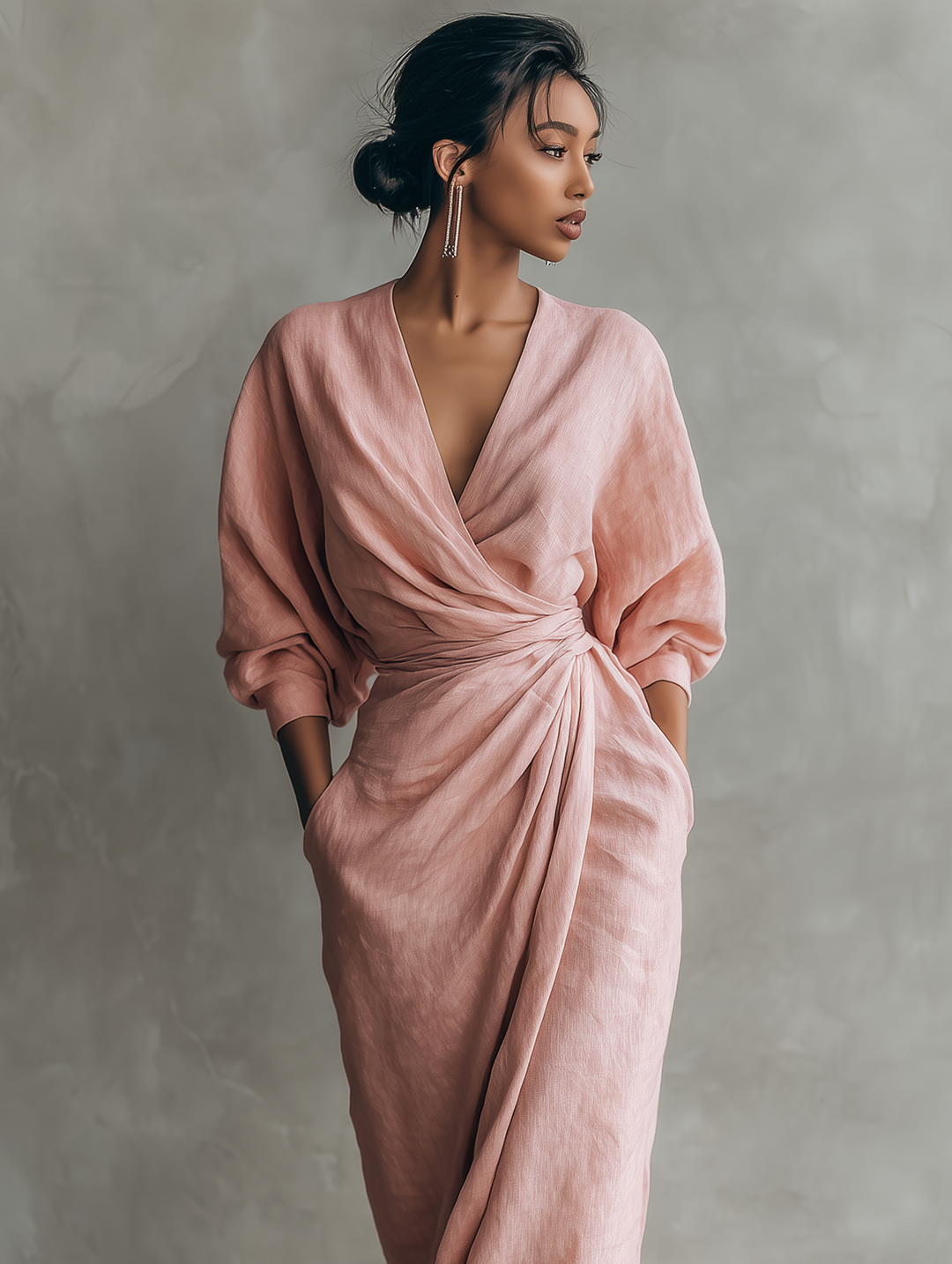 Rose Linen V-Neck Maxi Dress