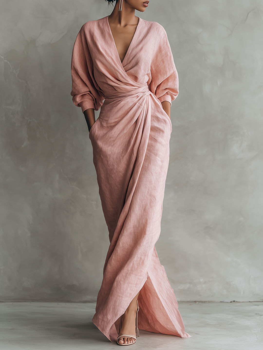 Rose Linen V-Neck Maxi Dress