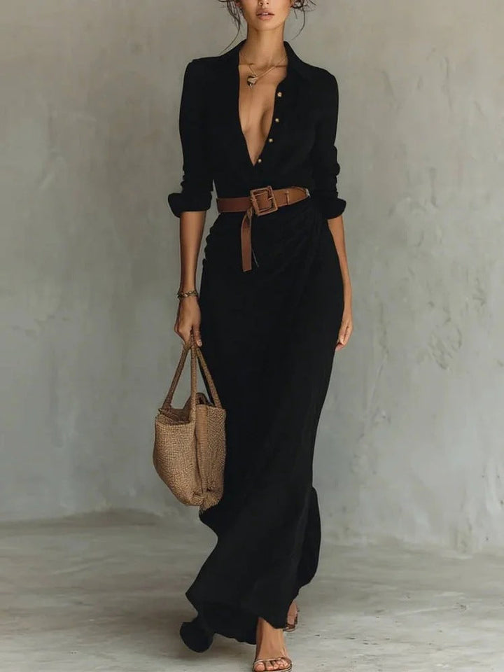 Kiara - Maxi Dress with Long Sleeves and Lapel Collar