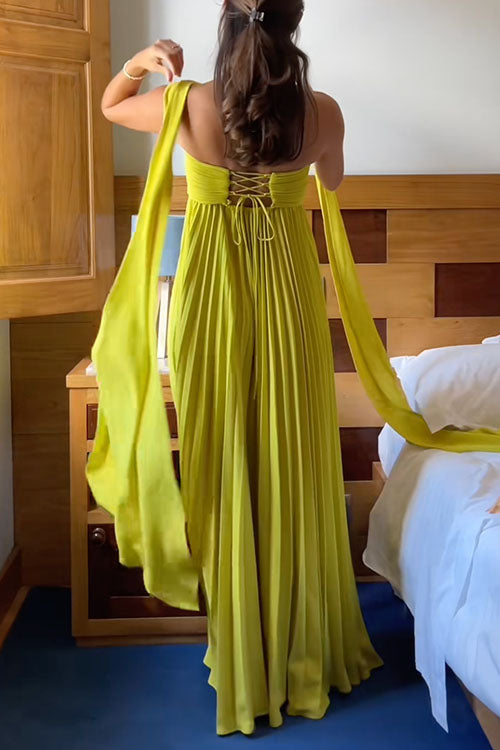 Katrina – Maxi Dress with Off-the-Shoulder Design, Lacing and Pleated Skirt