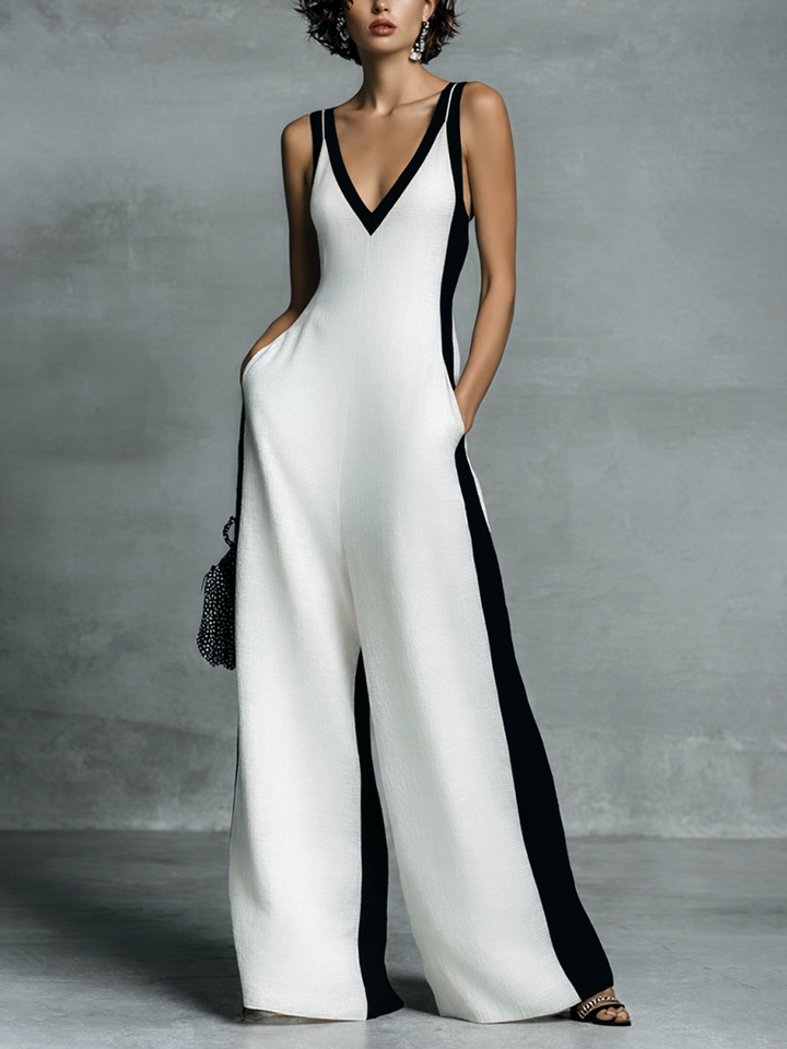 Celine | Black &amp; White Colour Block Wide Leg Jumpsuit