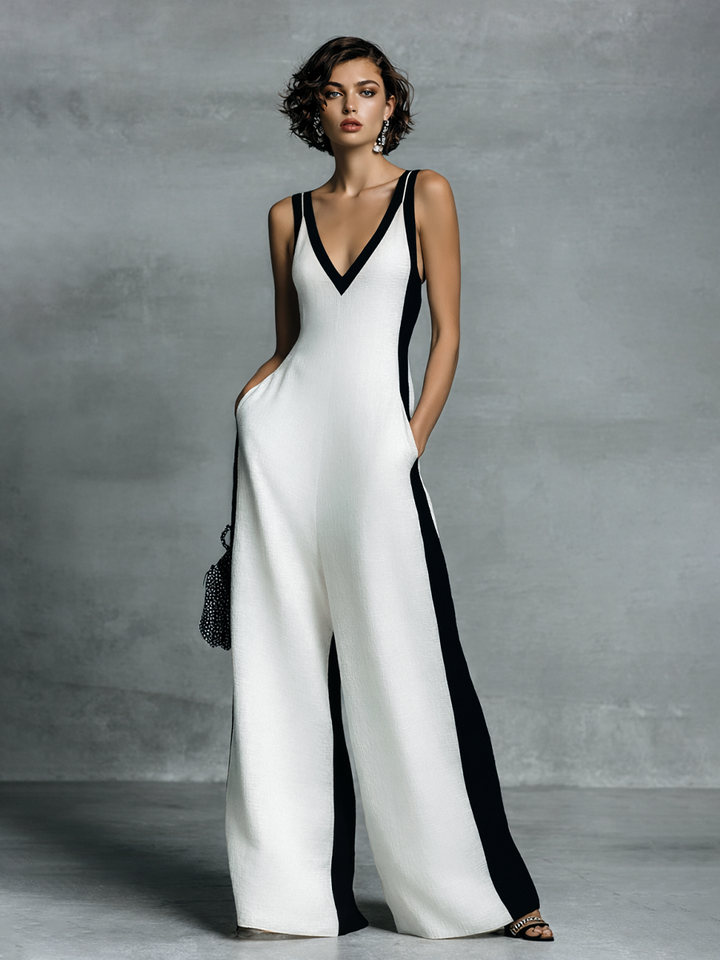 Celine | Black &amp; White Colour Block Wide Leg Jumpsuit
