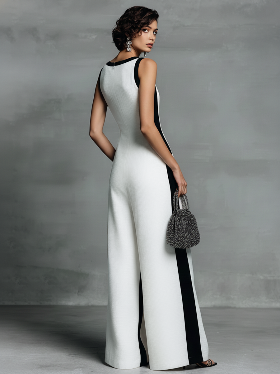 Celine | Black &amp; White Colour Block Wide Leg Jumpsuit