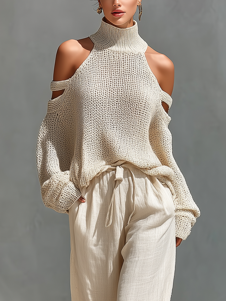 Thalia - Beige Knitted Off-Shoulder Turtleneck Top &amp; Wide Trousers Set