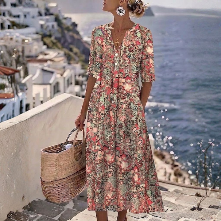 Janice™ | Elegant Summer Midi Dress with Tummy Coverage