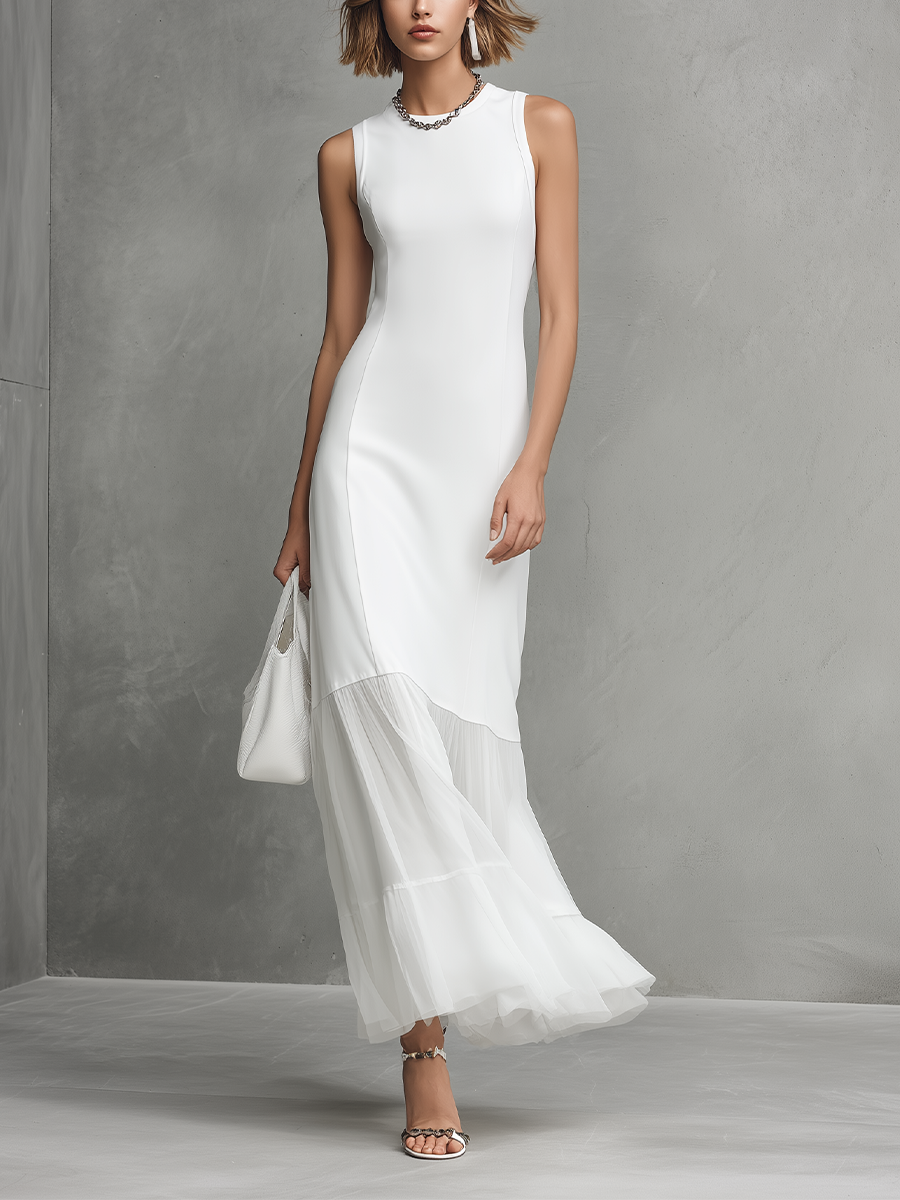Elegant White Sleeveless Dress for Women Made from Silk and Chiffon Elements