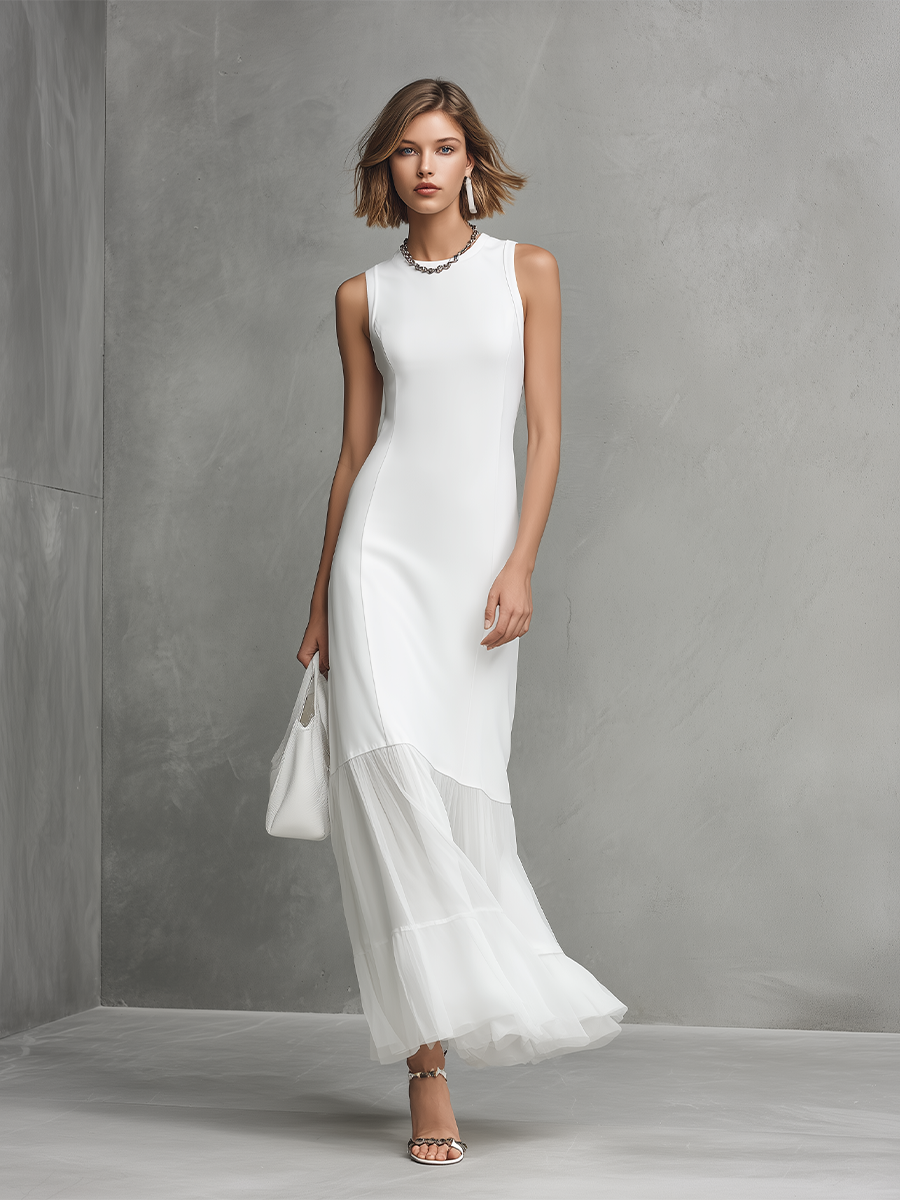 Elegant White Sleeveless Dress for Women Made from Silk and Chiffon Elements