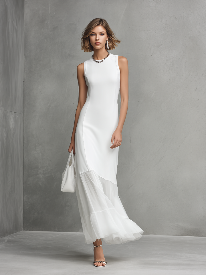 Elegant White Sleeveless Dress for Women Made from Silk and Chiffon Elements