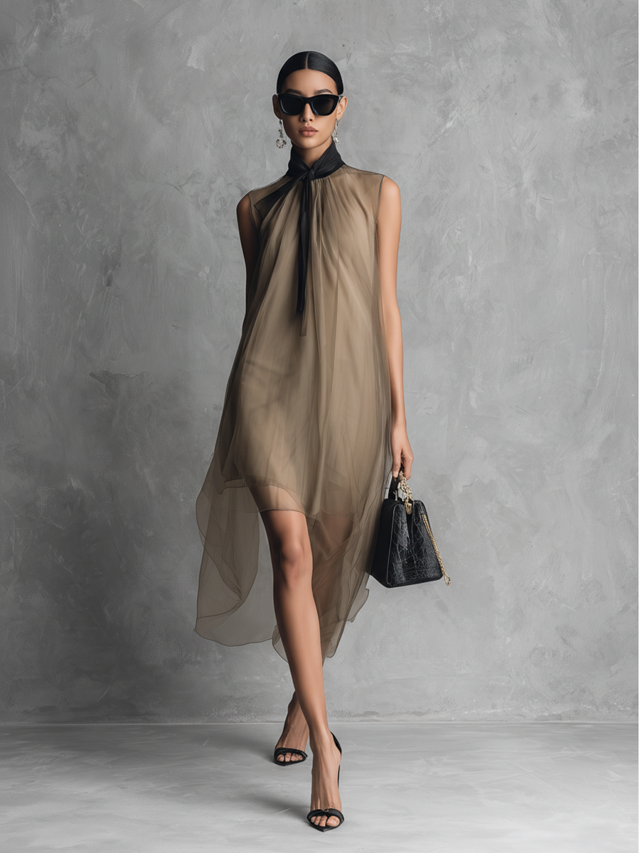 Beatrice - Lightweight Luxury Two-Toned Khaki and Brown Chiffon Sleeveless Dress
