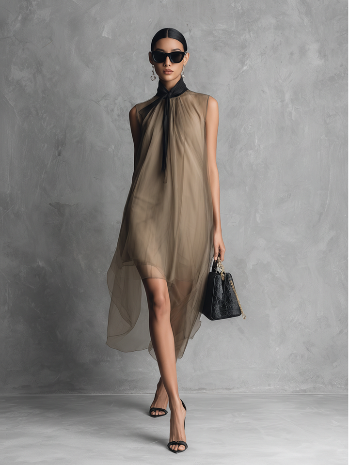Beatrice - Lightweight Luxury Two-Toned Khaki and Brown Chiffon Sleeveless Dress