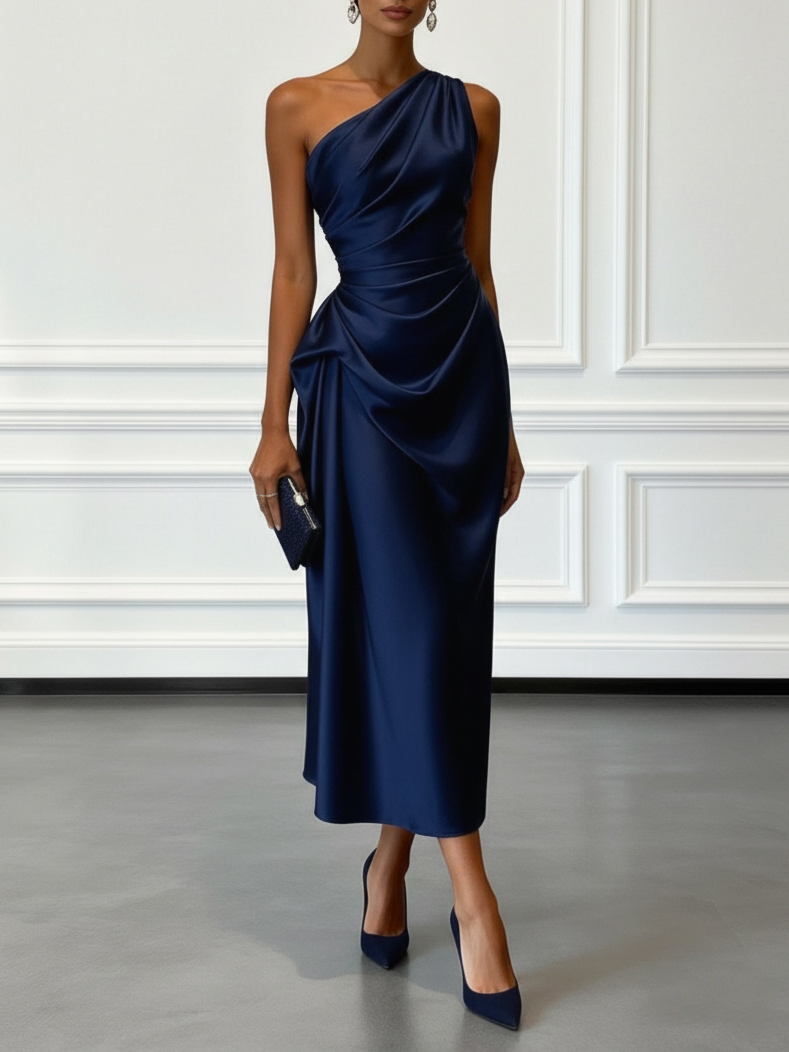 Caille - Champagne Satin One-Shoulder Sleeveless Ruffled Midi Dress