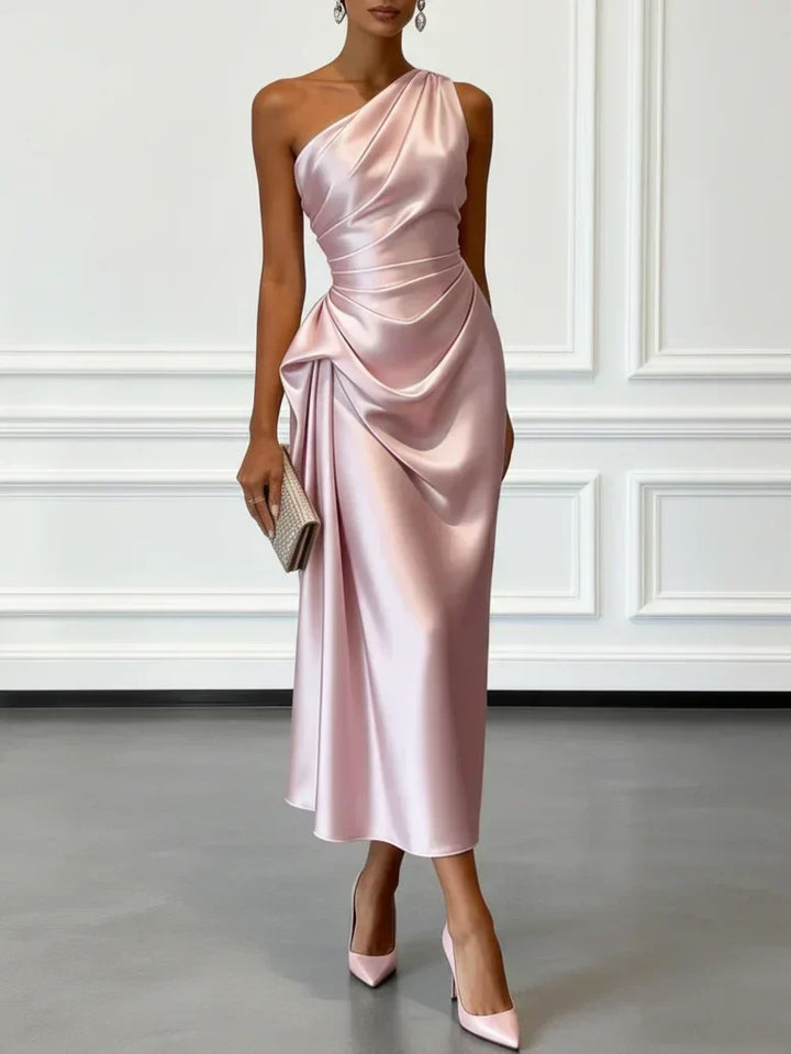 Caille - Champagne Satin One-Shoulder Sleeveless Ruffled Midi Dress