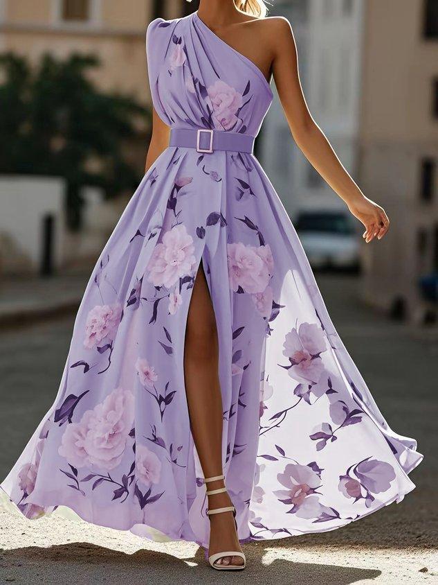 Sella - Ruffled One-Shoulder A-Line Maxi Chiffon Dress