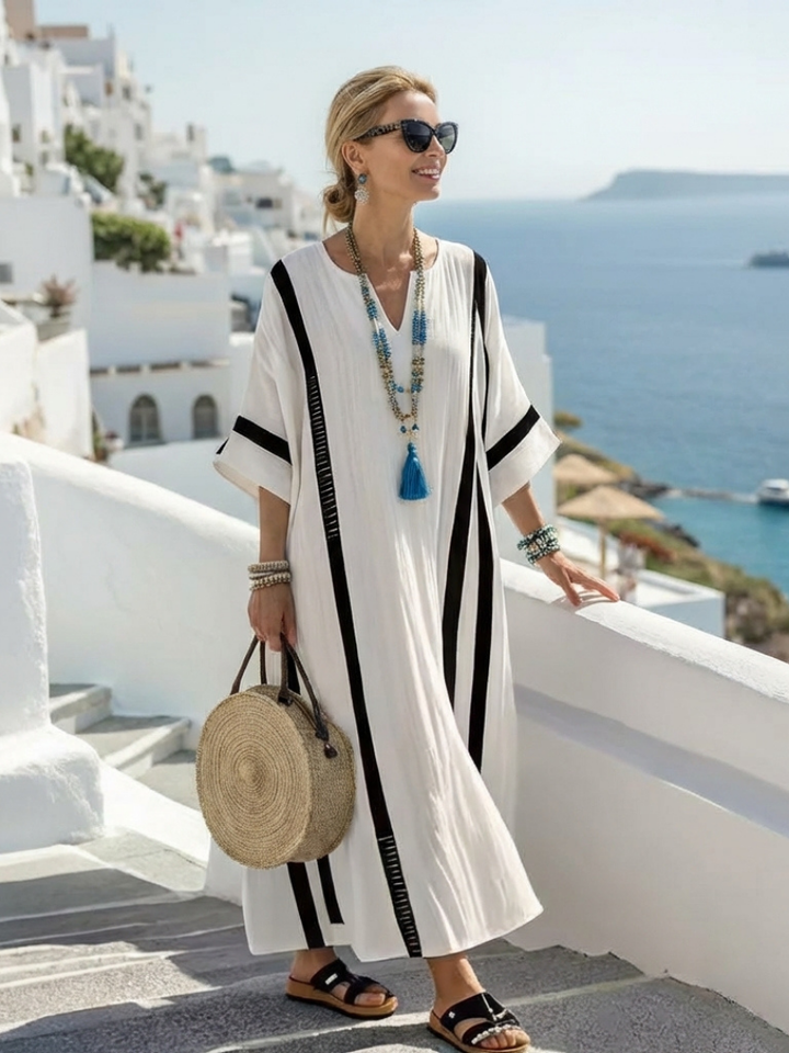 Elvienne | Short-Sleeved Maxi Dress with Colour Block Stripes