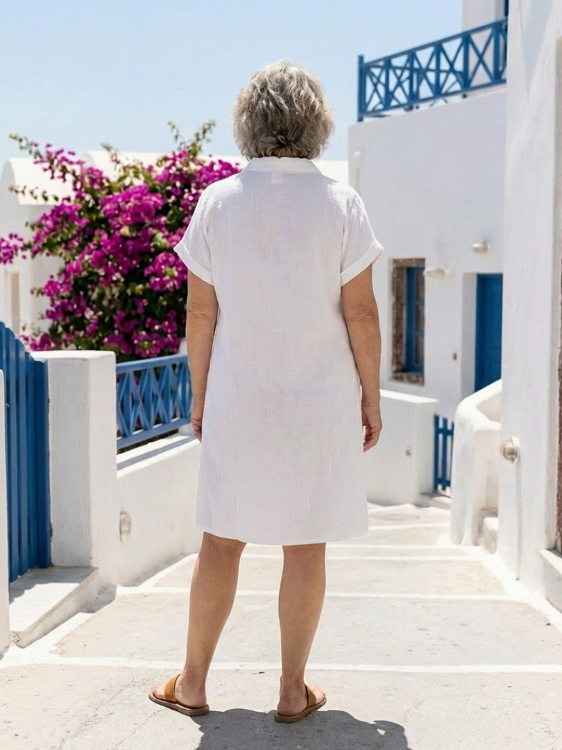 Helene | Short-Sleeved Dress with Front Pocket in Knee-Length
