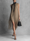 Beatrice - Lightweight Luxury Two-Toned Khaki and Brown Chiffon Sleeveless Dress