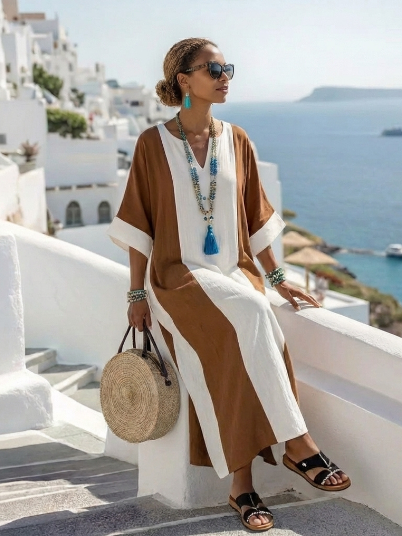 Calindra | Short-sleeved, colour-blocked, relaxed maxi dress