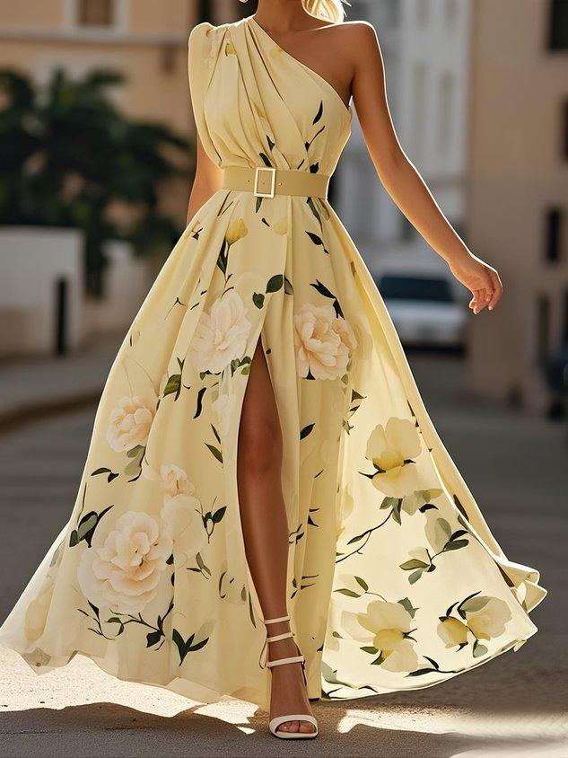 Sella - Ruffled One-Shoulder A-Line Maxi Chiffon Dress