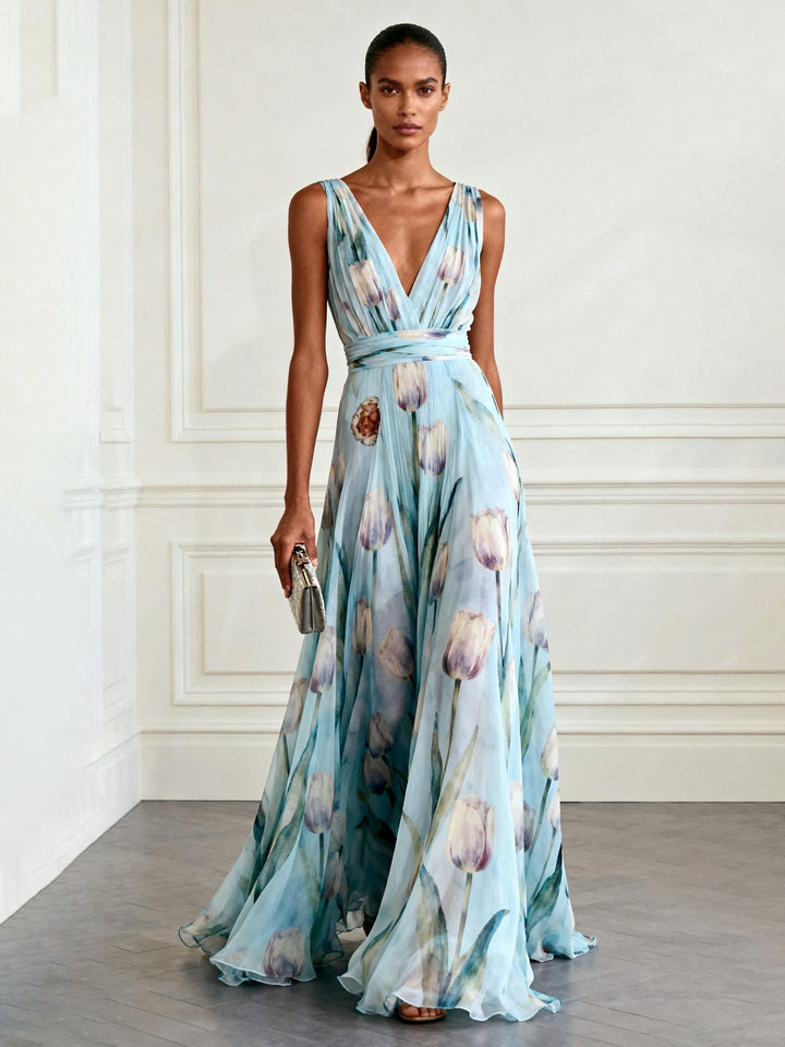Nerea - Elegant Maxi Dress with Tulip Print and V-Neck