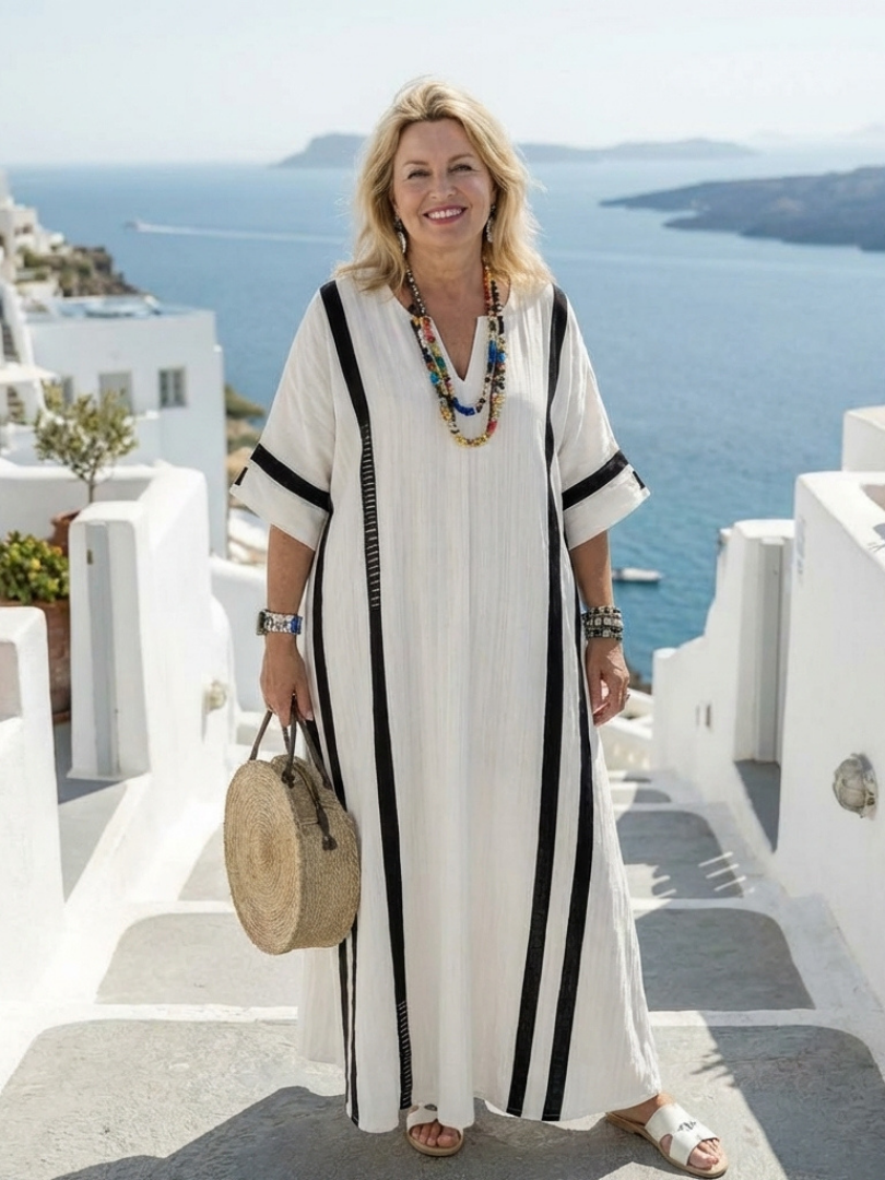 Elvienne | Short-Sleeved Maxi Dress with Colour Block Stripes