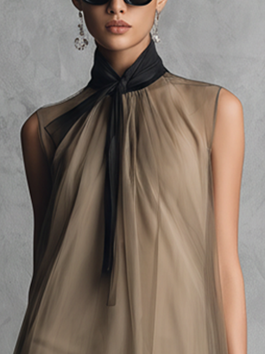 Beatrice - Lightweight Luxury Two-Toned Khaki and Brown Chiffon Sleeveless Dress