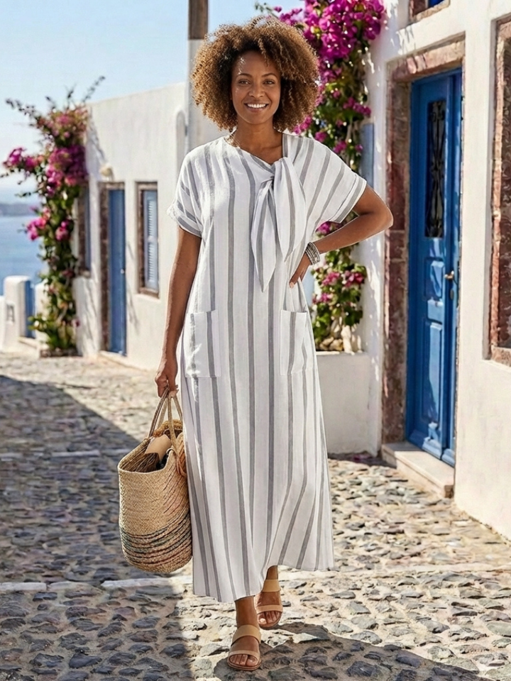 Elaris | Short-Sleeved Striped Midi Dress with Tie Neck and Pockets