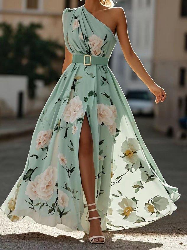 Sella - Ruffled One-Shoulder A-Line Maxi Chiffon Dress