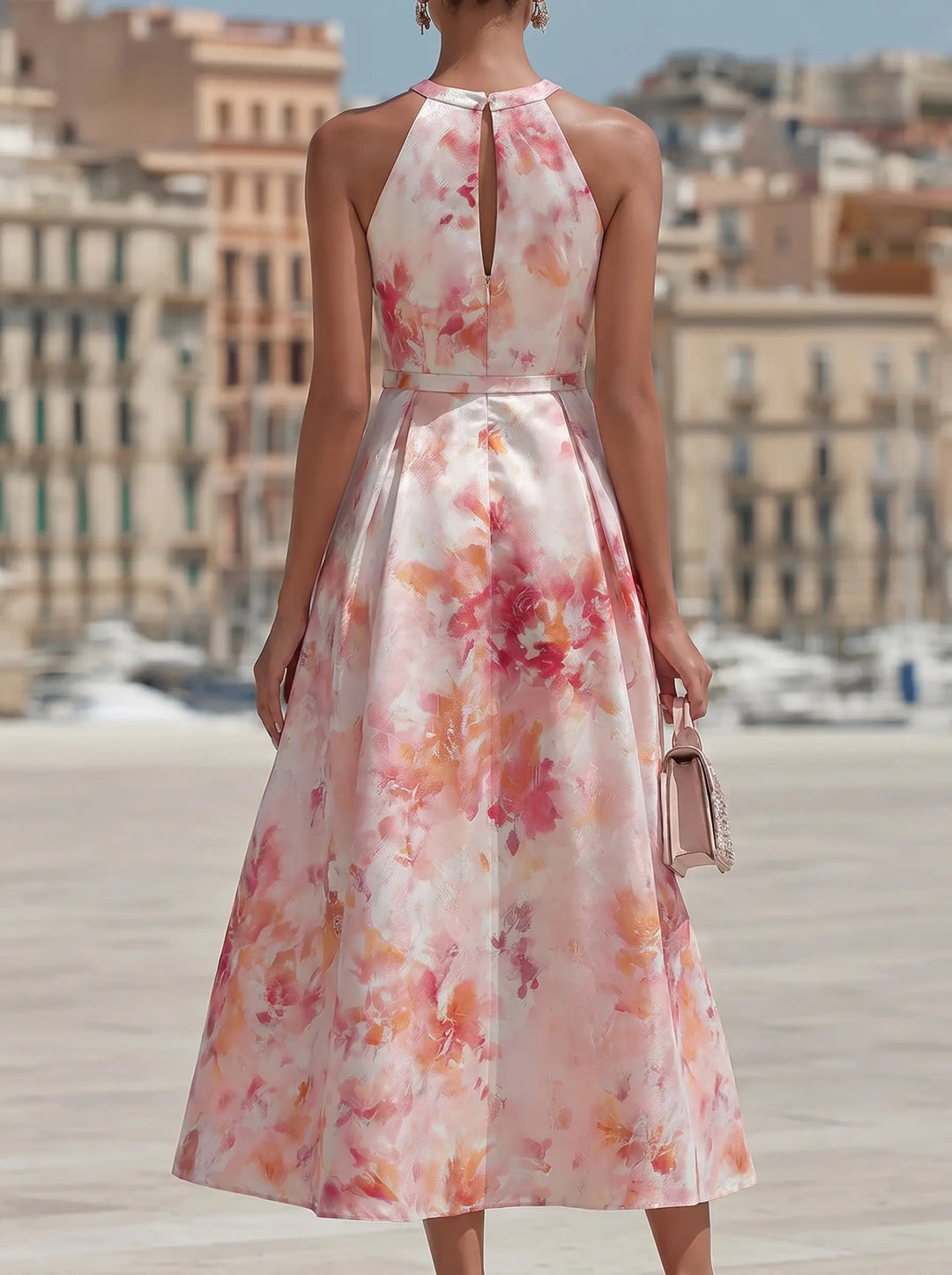 Violetta - Midi Dress with Halter in Watercolour Floral Pattern