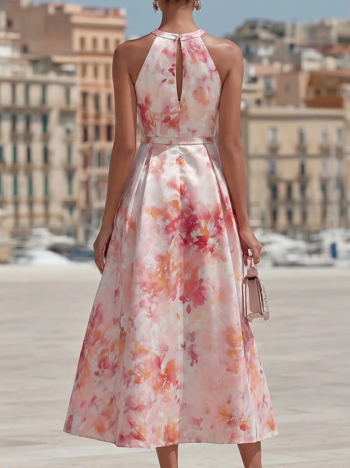 Violetta - Midi Dress with Halter in Watercolour Floral Pattern