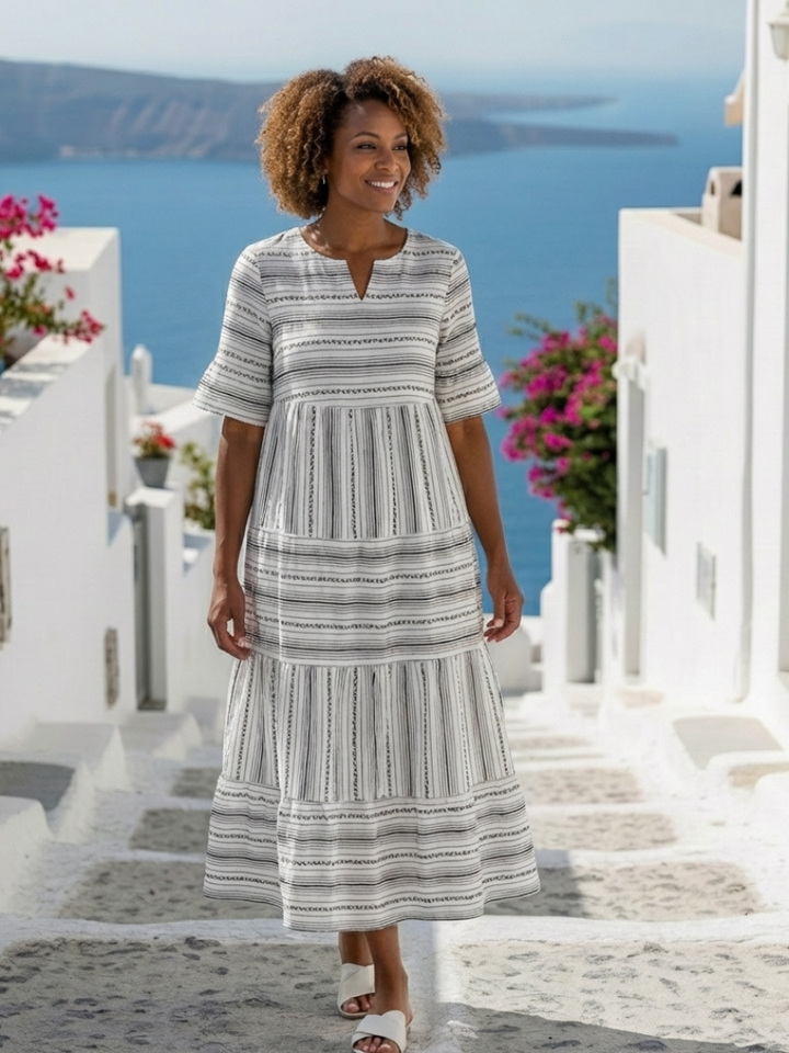 Parisa | Short-Sleeved Striped Layered Midi Dress