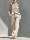 Thalia - Beige Knitted Off-Shoulder Turtleneck Top & Wide Trousers Set