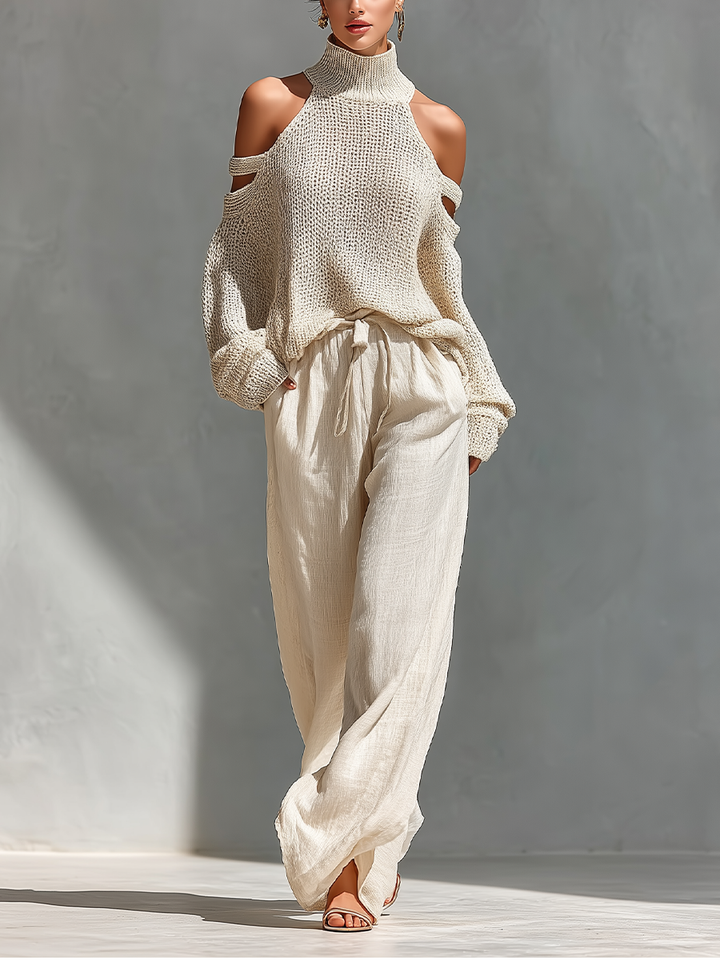 Thalia - Beige Knitted Off-Shoulder Turtleneck Top &amp; Wide Trousers Set