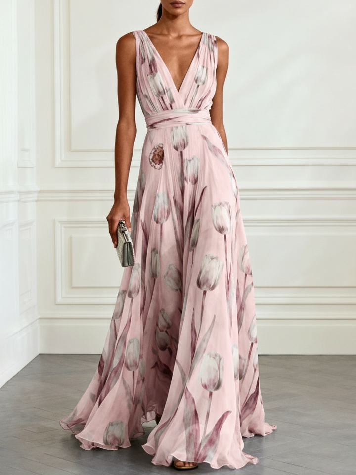 Nerea - Elegant Maxi Dress with Tulip Print and V-Neck
