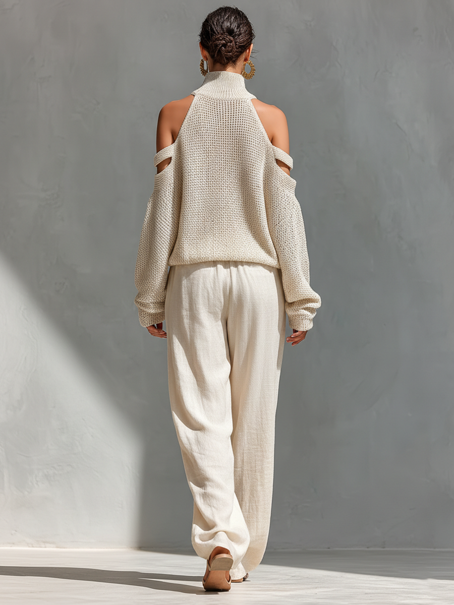 Thalia - Beige Knitted Off-Shoulder Turtleneck Top &amp; Wide Trousers Set