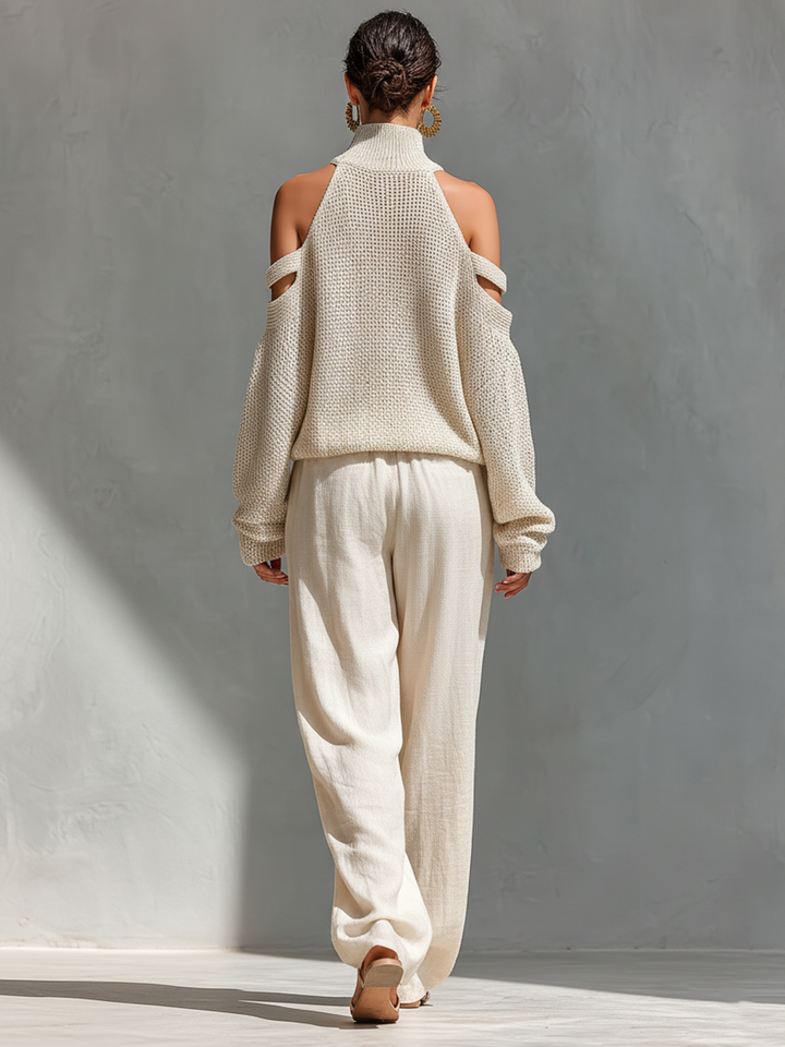 Thalia - Beige Knitted Off-Shoulder Turtleneck Top &amp; Wide Trousers Set