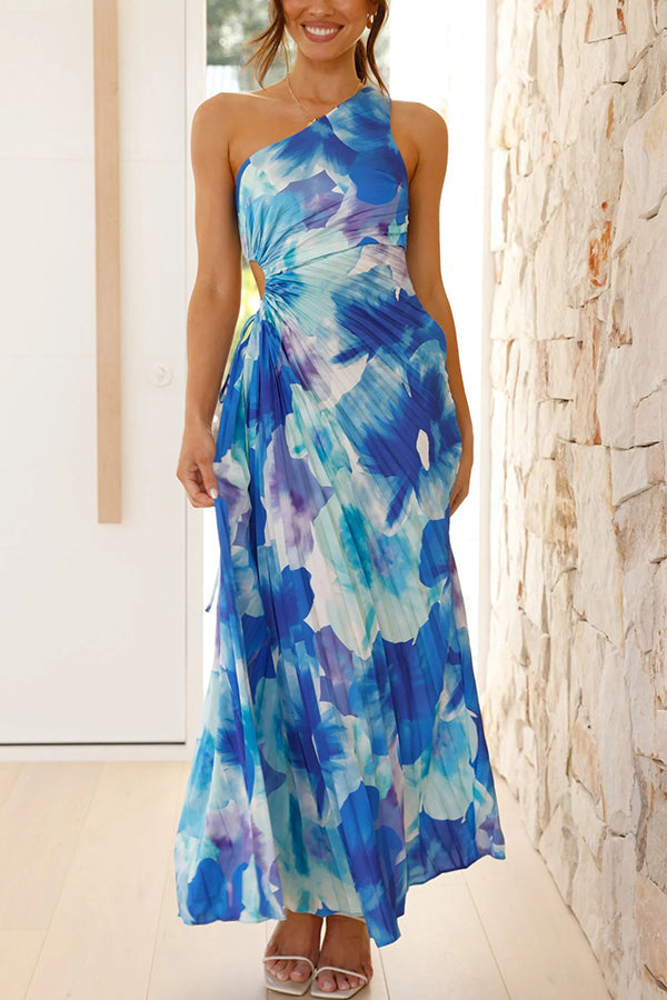 Deja - Floral Print One Shoulder Pleated Maxi Dress