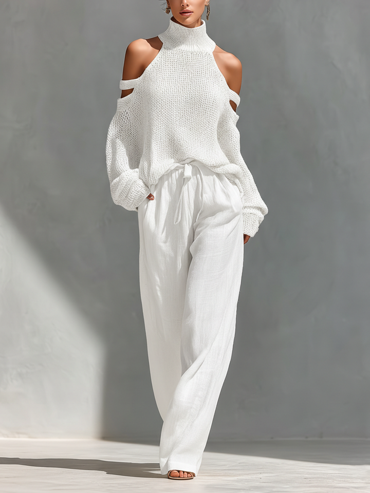 Thalia - Beige Knitted Off-Shoulder Turtleneck Top &amp; Wide Trousers Set
