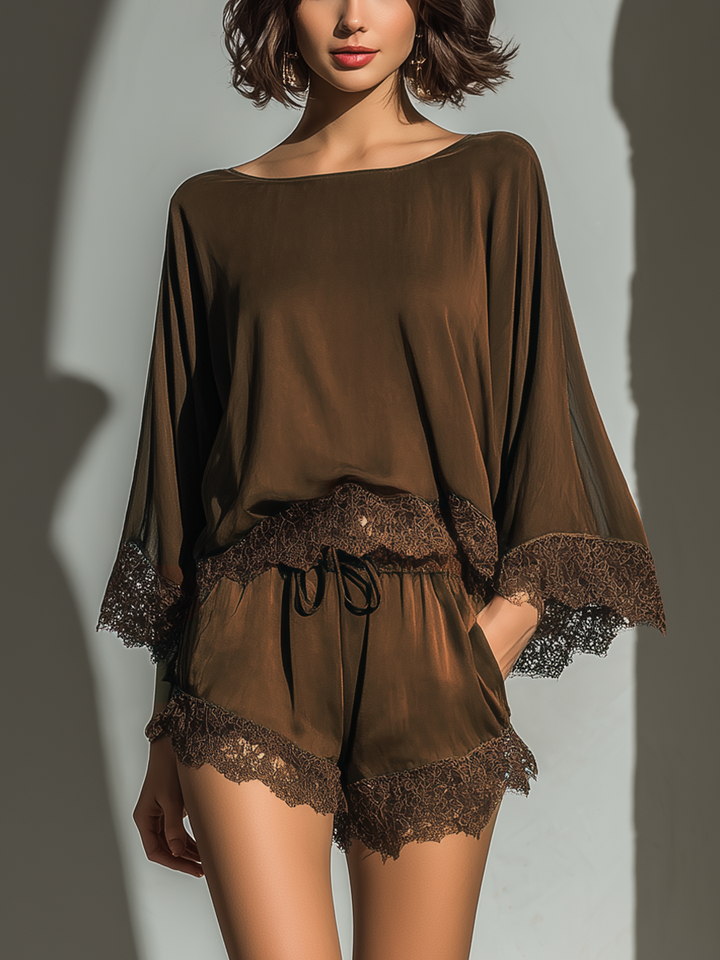 Alice - Top &amp; Shorts Set in Chocolate Satin with Boat Neck