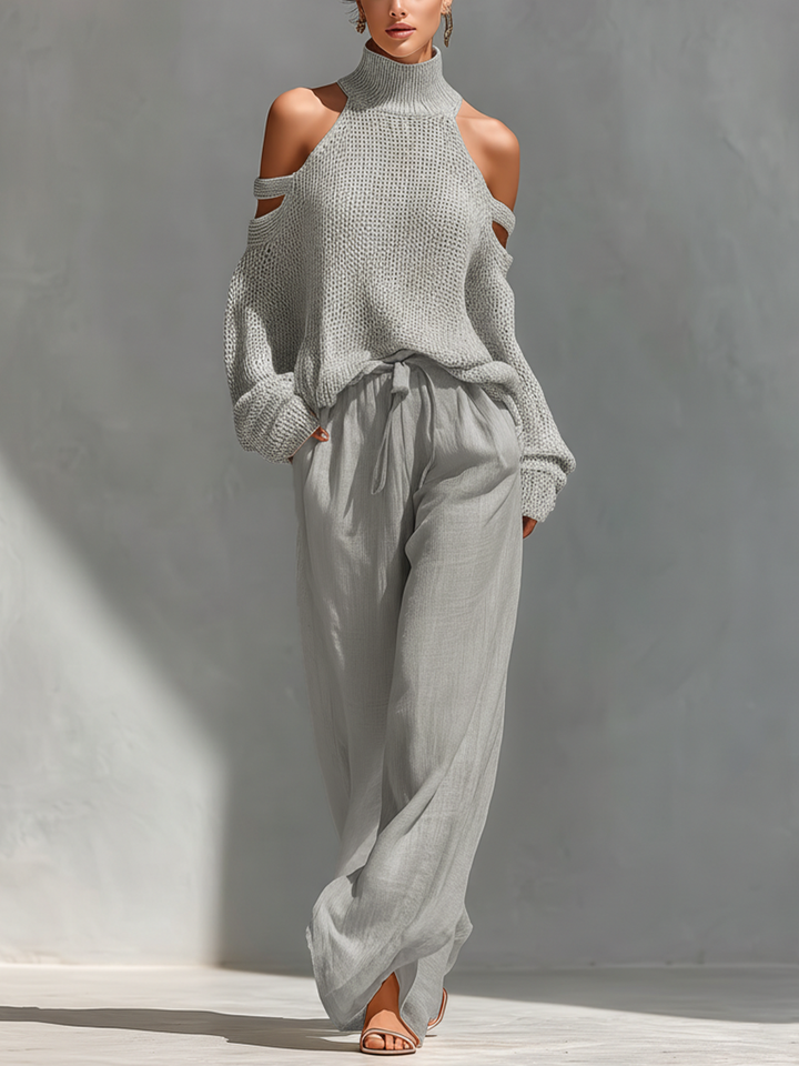 Thalia - Beige Knitted Off-Shoulder Turtleneck Top &amp; Wide Trousers Set
