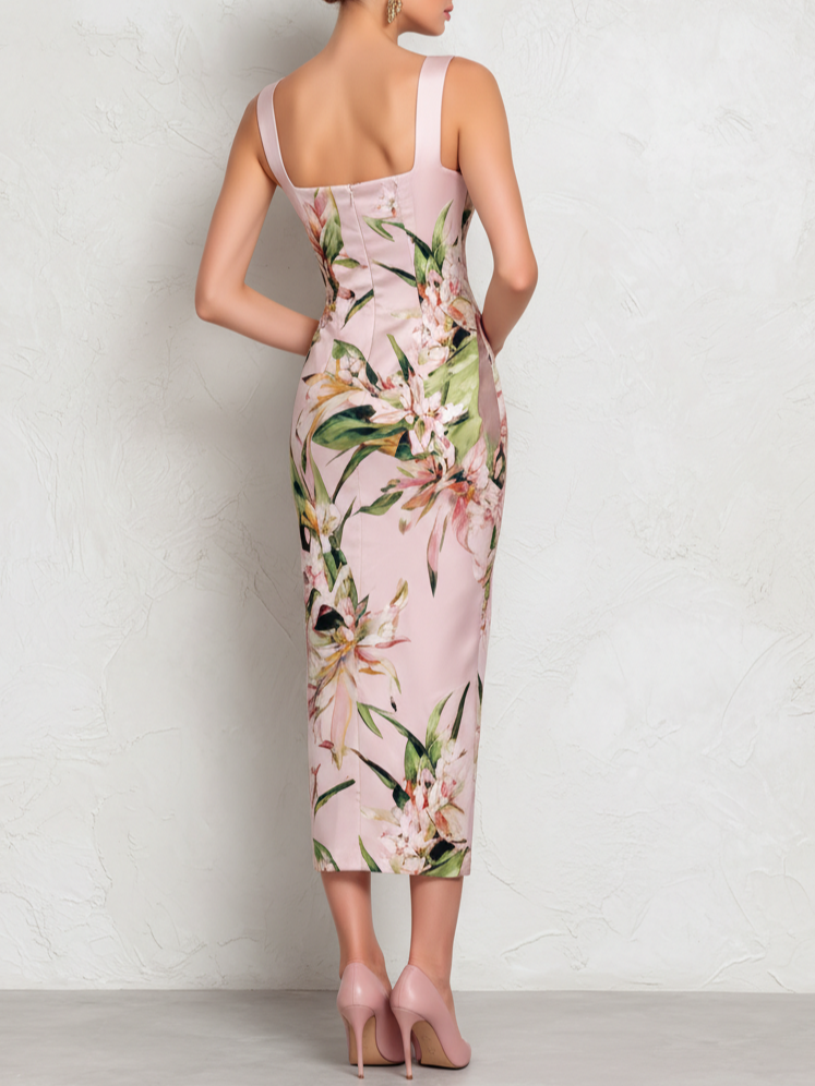 Amber - Pink Floral Satin Midi Dress with Square Neckline