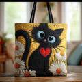 Handcrafted Black Cat Handbag with Heart and Daisies