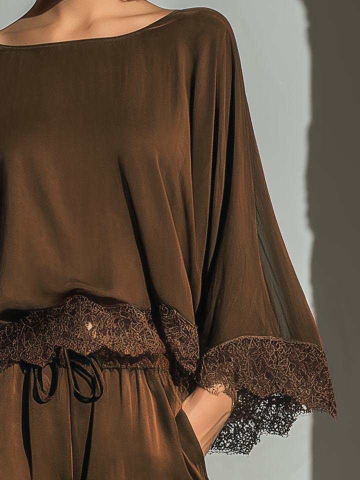 Alice - Top &amp; Shorts Set in Chocolate Satin with Boat Neck