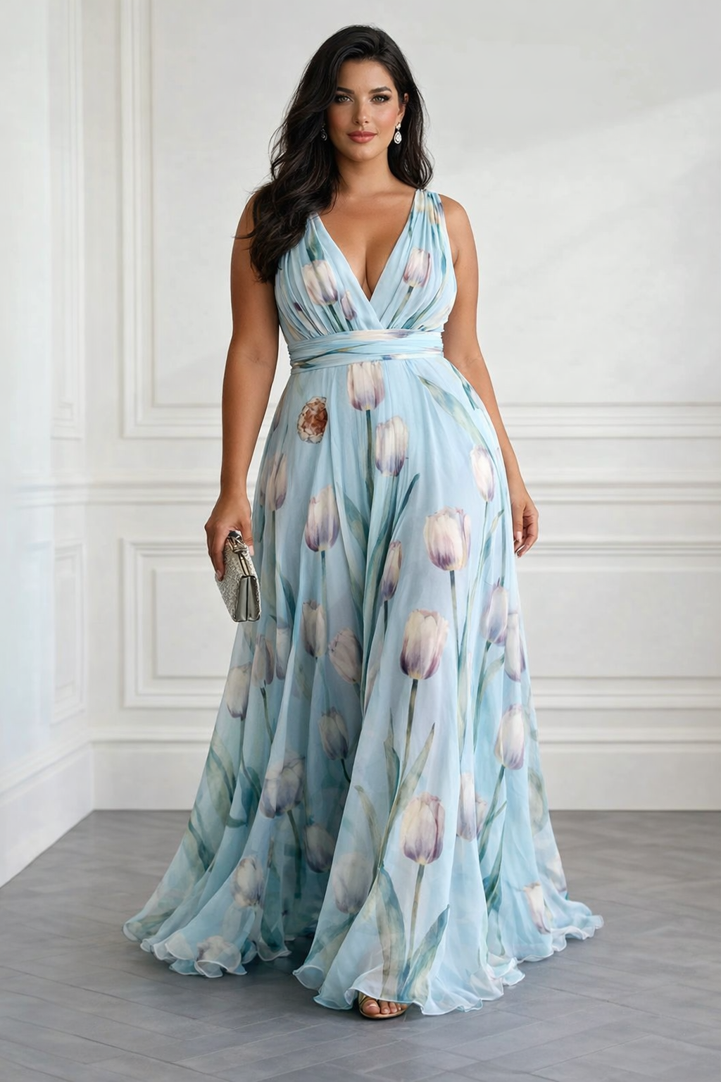 Nerea - Elegant Maxi Dress with Tulip Print and V-Neck
