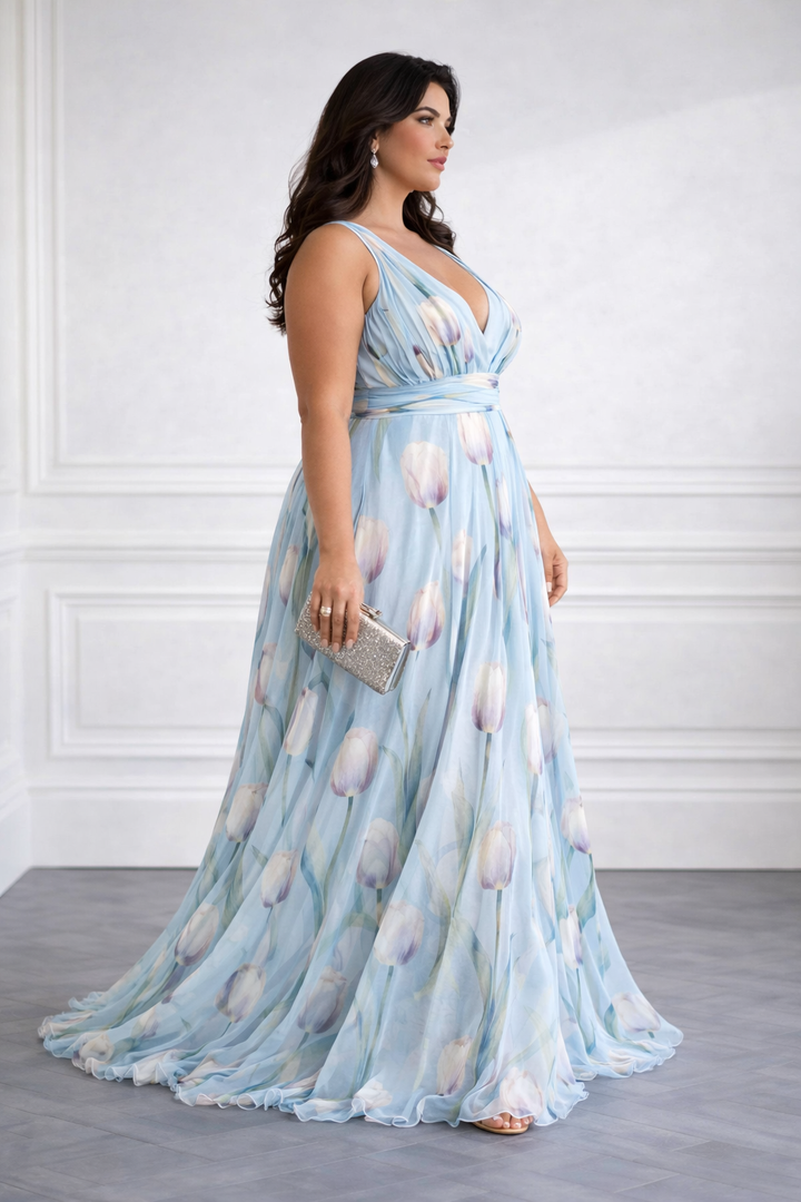 Nerea - Elegant Maxi Dress with Tulip Print and V-Neck