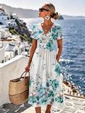 Seraphina | Blue Floral Midi Dress with Flutter Sleeves