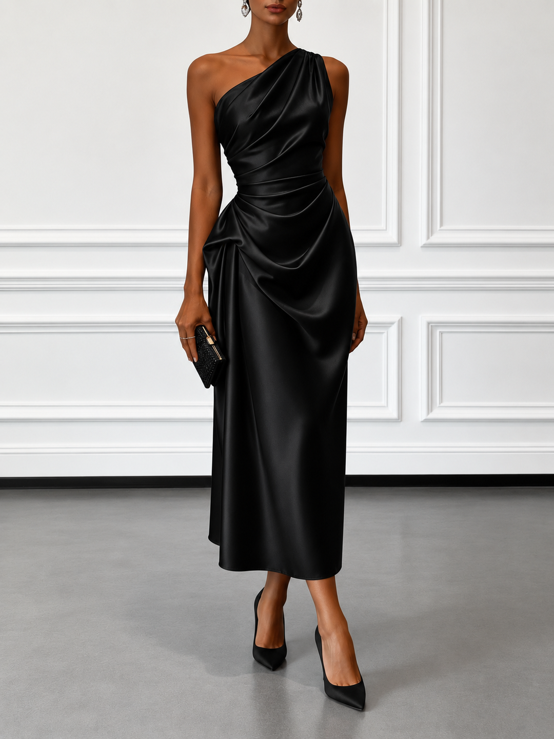 Caille - Champagne Satin One-Shoulder Sleeveless Ruffled Midi Dress