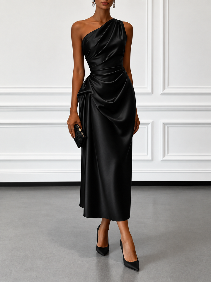 Caille - Champagne Satin One-Shoulder Sleeveless Ruffled Midi Dress