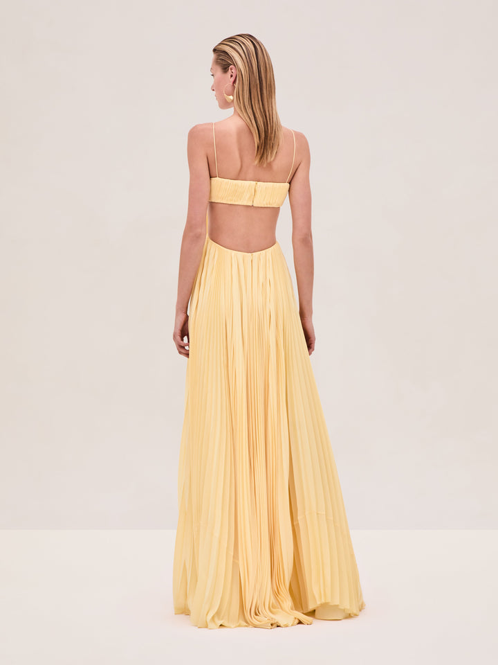 Varranza - Pleated Cutout Waist A-Line Slip Maxi Dress